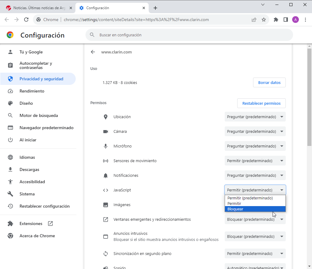 Configuración de sitios en Chrome