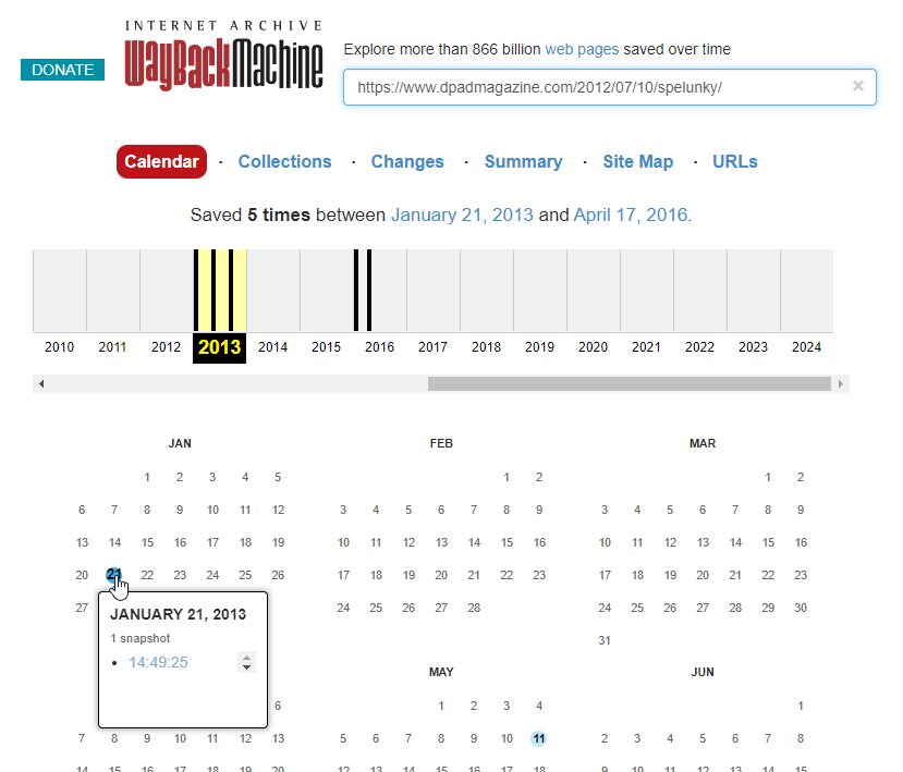 La interfaz de Wayback Machine: Línea de Tiempo y Almanaque